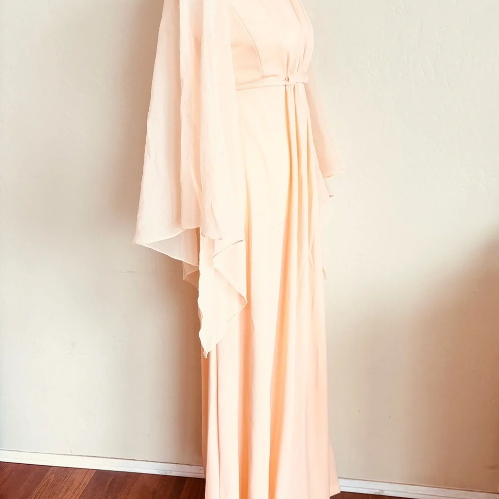 Vintage 1970s Peach Angel Wing Sleeve Deep V-neckline Empire Waist Maxi Dress - Picture 13 of 15